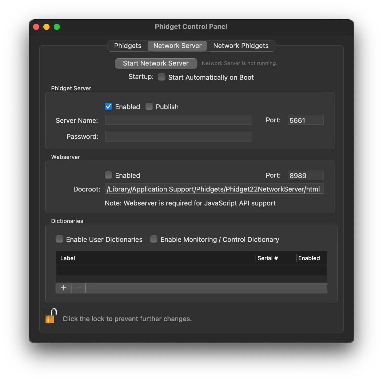 Control panel on the Network Server with a button to start the network server