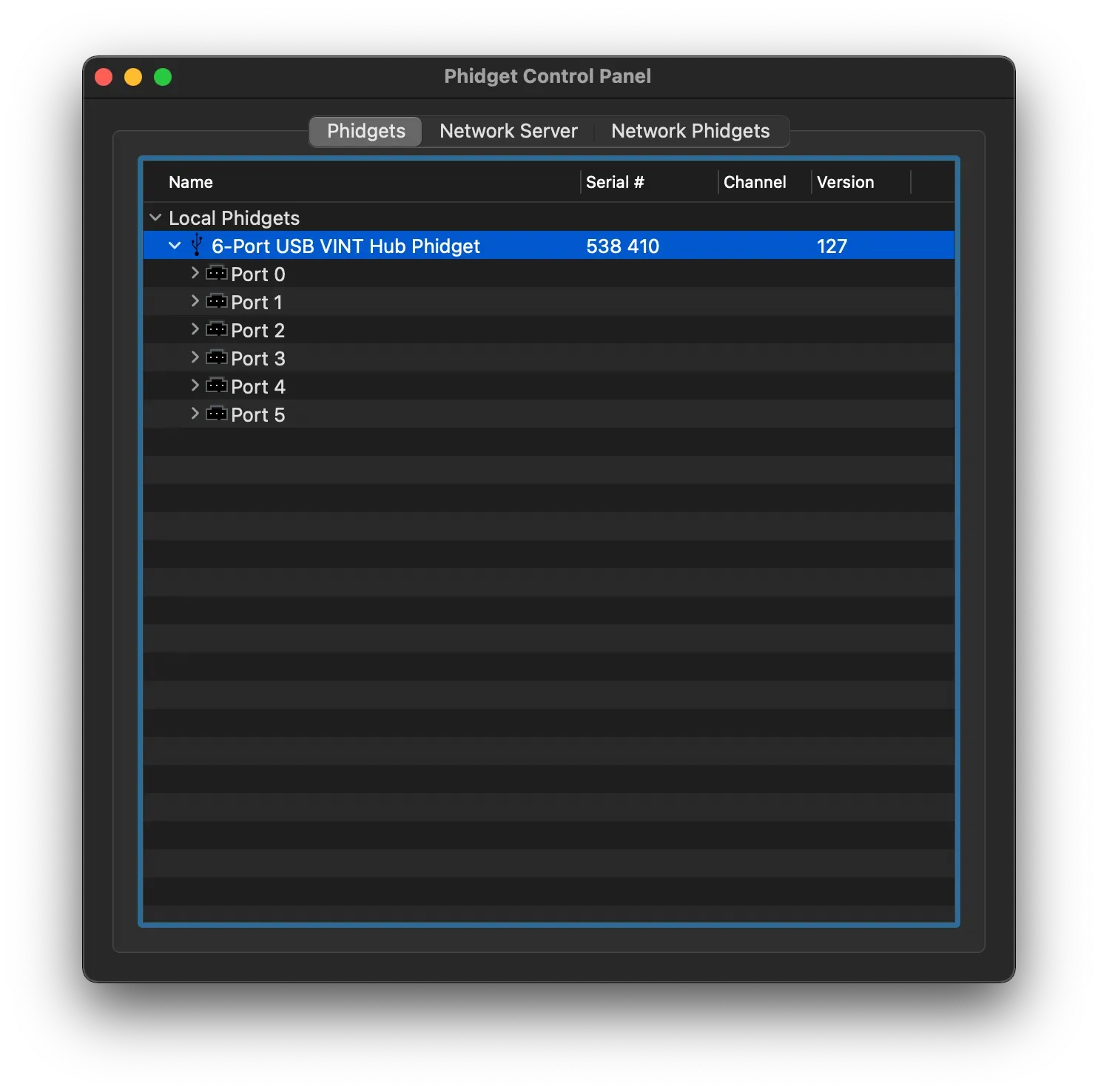 Control Panel listing ‘6-port USB VINT Hub Phidget’