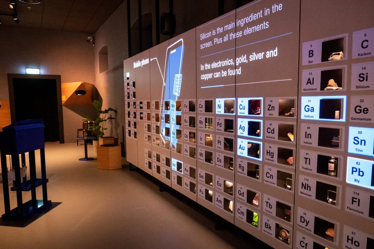 Wall with the periodic table on it with window for every element with a physical sample of the corresponding element. On top of this is projects an animation highlighting every element that exists in mobile phones.