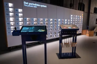 A big wall with the periodic system on it. Every element has a little window with a physical sample inside it. In front of the wall there are two stands. The stand to the left has a screen with a joystick to the left with information about an element. The stand to the right has a some printed text with instructions and a dozen chunky cards with symbols on them hanging by thin ropes.